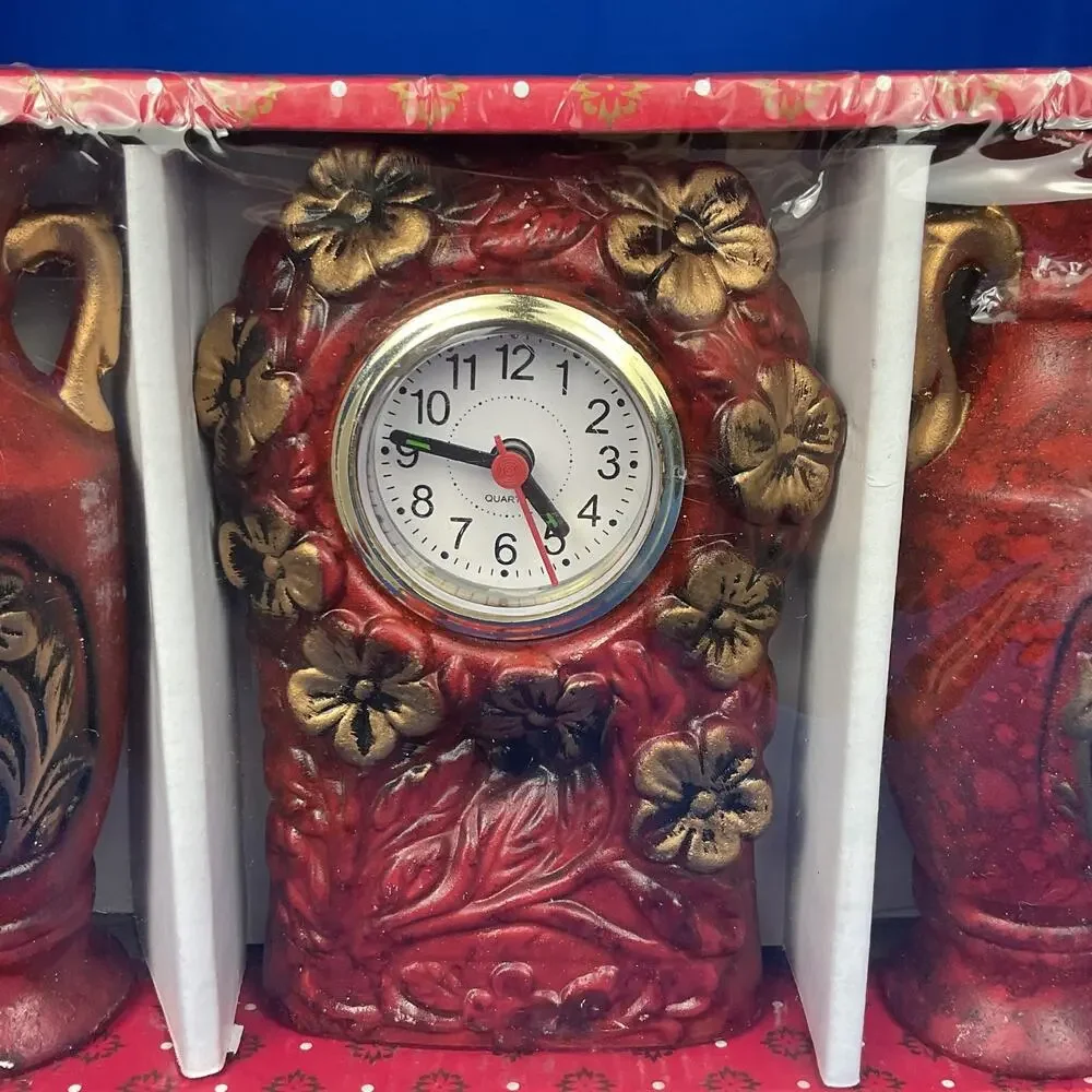 Vintage Red Floral Quartz Mantel Clock Matching Vases 3pc Gift Set New Sealed